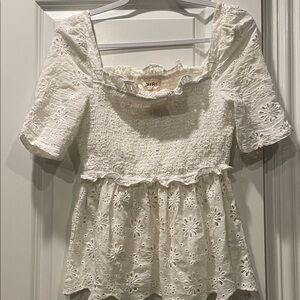 BiBi White Eyelet Smocked Peplum Blouse